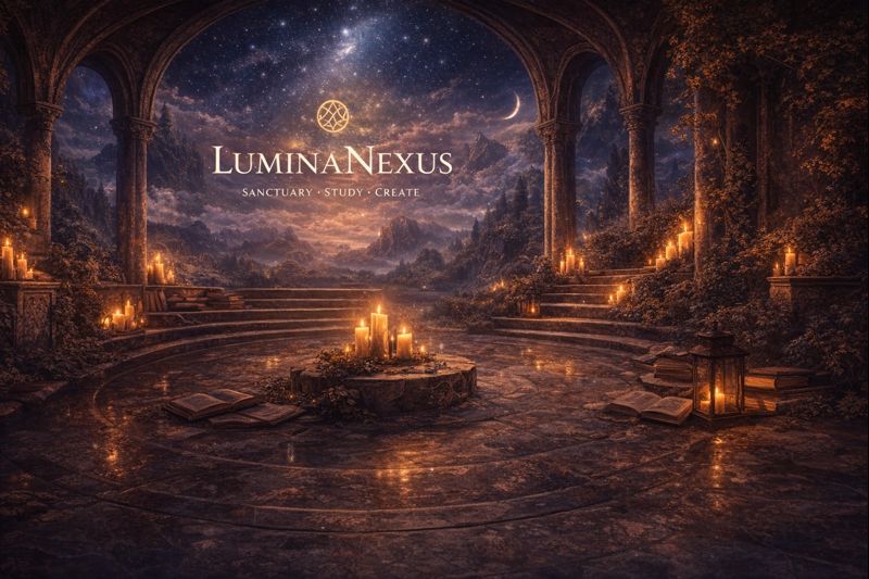 LuminaNexus sanctuary at night with candles, books, and open arches under a starry sky.